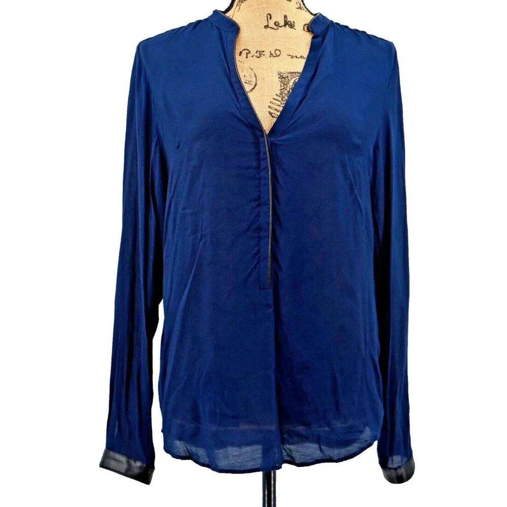 Zara Blouse Women‎ Medium Blue Faux Leather Hem Semi Sheer V-Neckline Top